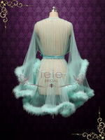 Turquoise Honeymoon Wedding Marabou Fur Edge Boudoir Robe CICI