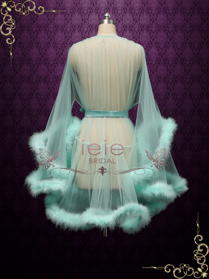 Turquoise Honeymoon Wedding Marabou Fur Edge Boudoir Robe CICI