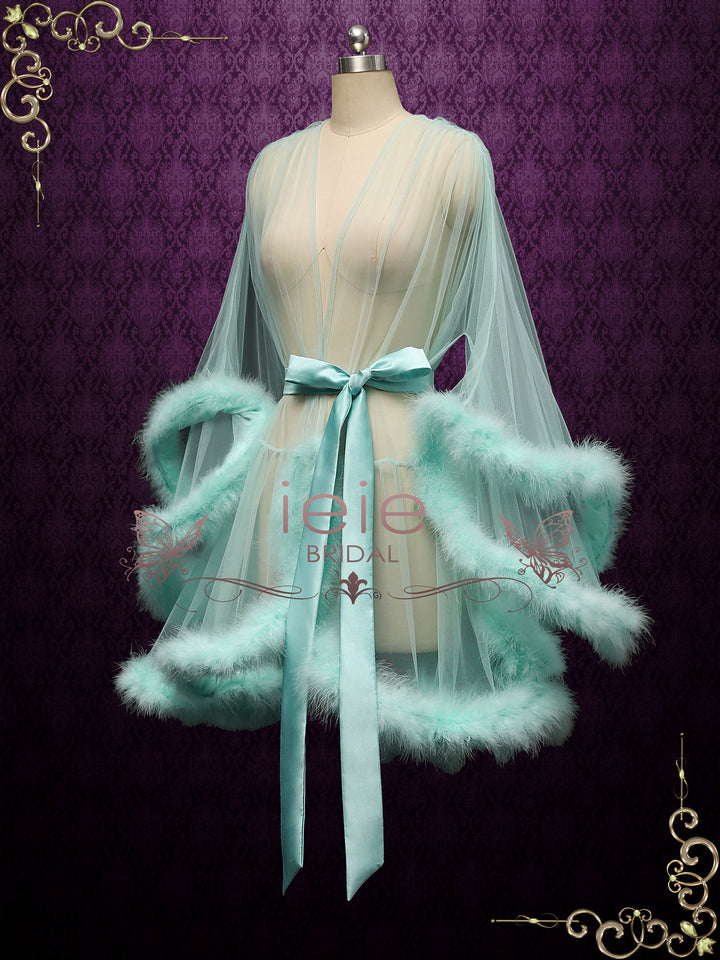Turquoise Honeymoon Wedding Marabou Fur Edge Boudoir Robe CICI