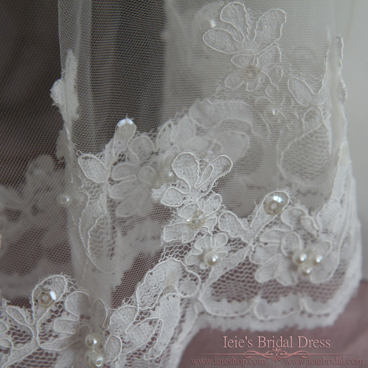 Two Tier Fingertip Length Lace Wedding Veil with Pearl Beadings VG1041
