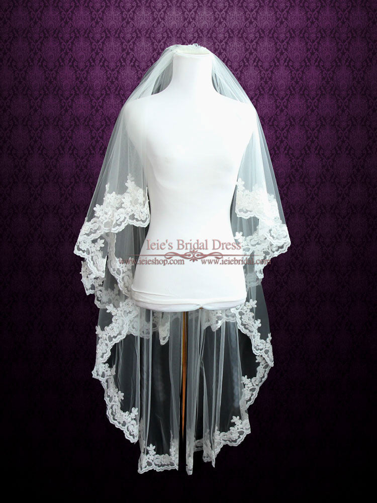 Two Tier Fingertip Length Lace Wedding Veil with Pearl Beadings VG1041