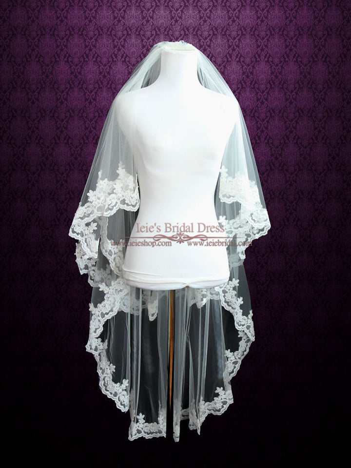Two Tier Fingertip Length Lace Wedding Veil with Pearl Beadings VG1041