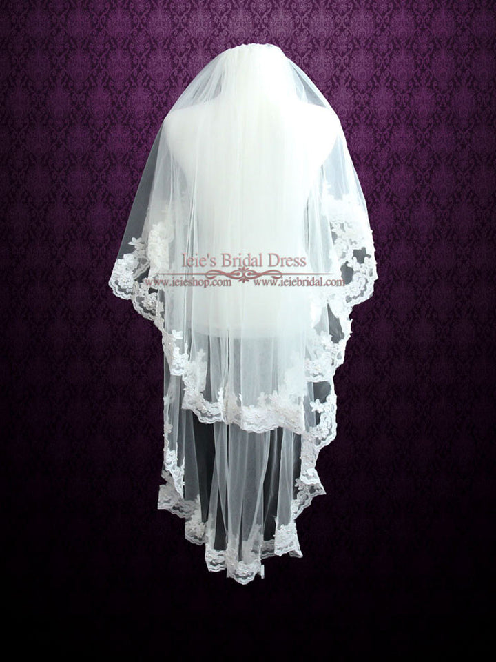 Two Tier Fingertip Length Lace Wedding Veil with Pearl Beadings VG1041