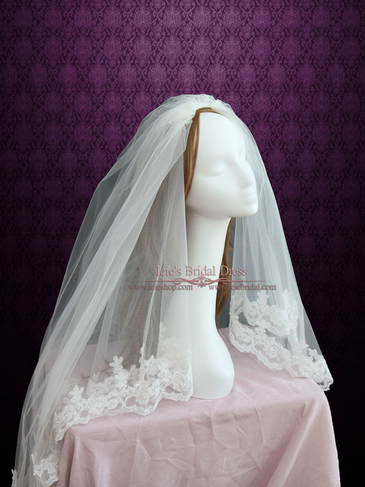 Two Tier Fingertip Length Lace Wedding Veil with Pearl Beadings VG1041
