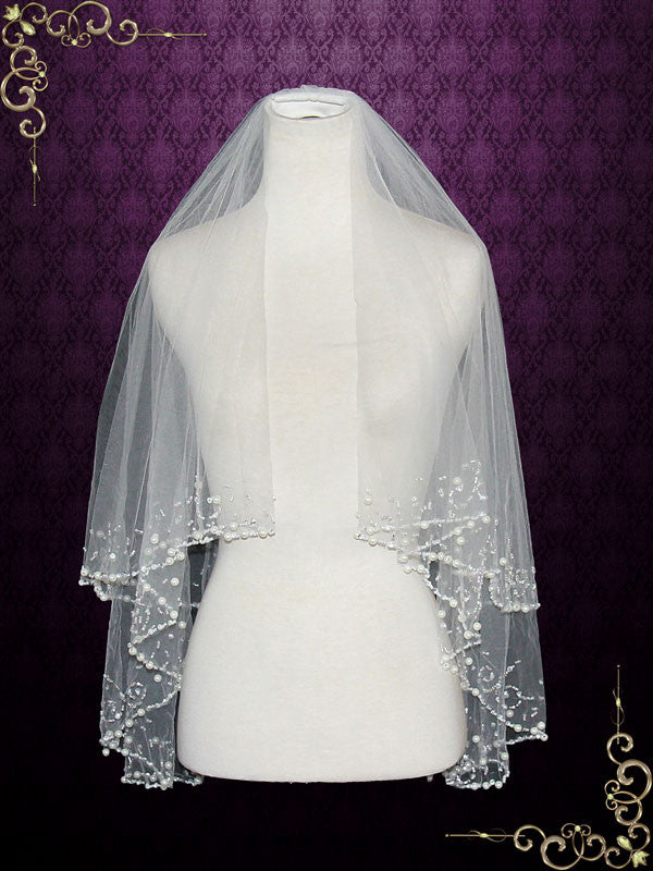 Short Bridal Veil with Blusher and Pearls VG1023
