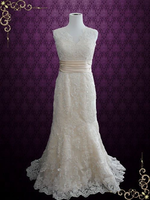 Vintage Style Lace Keyhole Back Wedding Dress with V Neck | Rayna