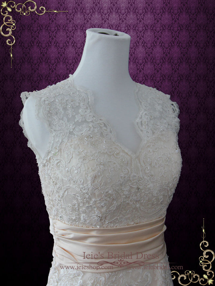 Vintage Style Lace Keyhole Back Wedding Dress with V Neck | Rayna