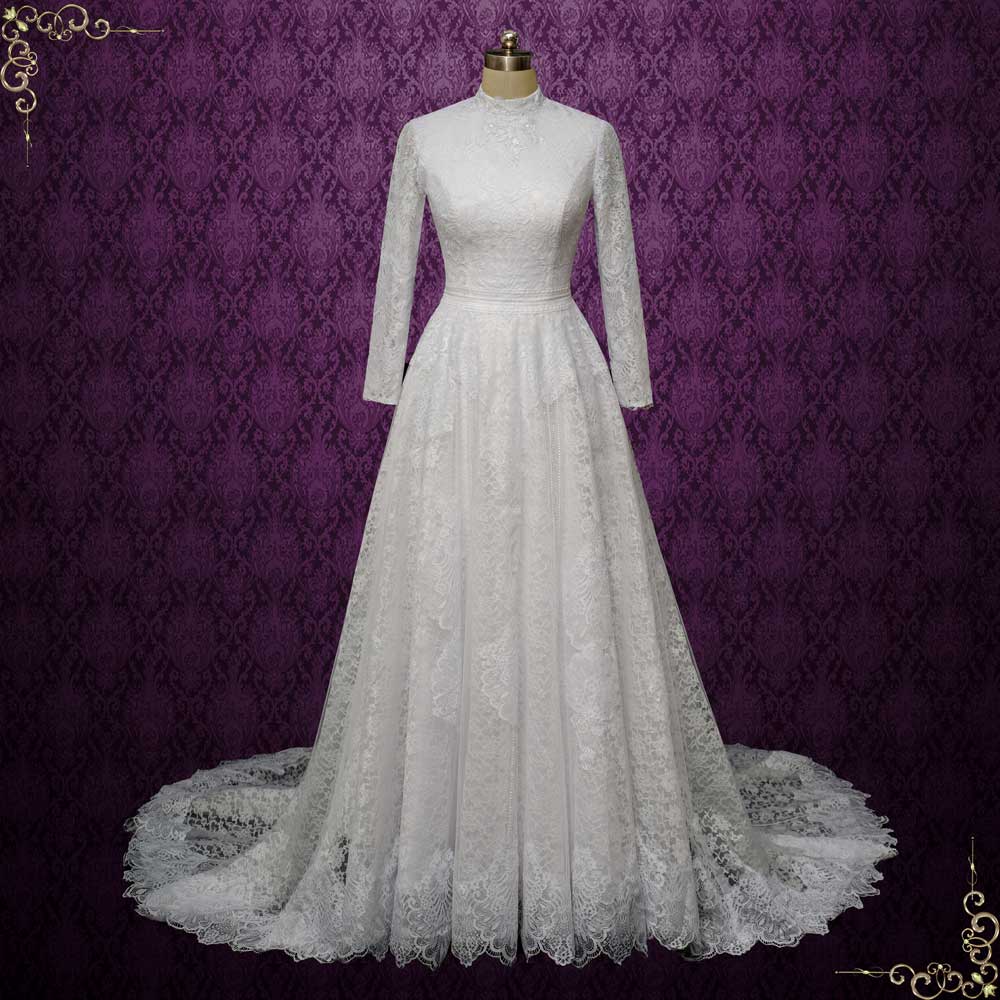 English Modest Lace Wedding Dress with Sleeves | EMMELINE