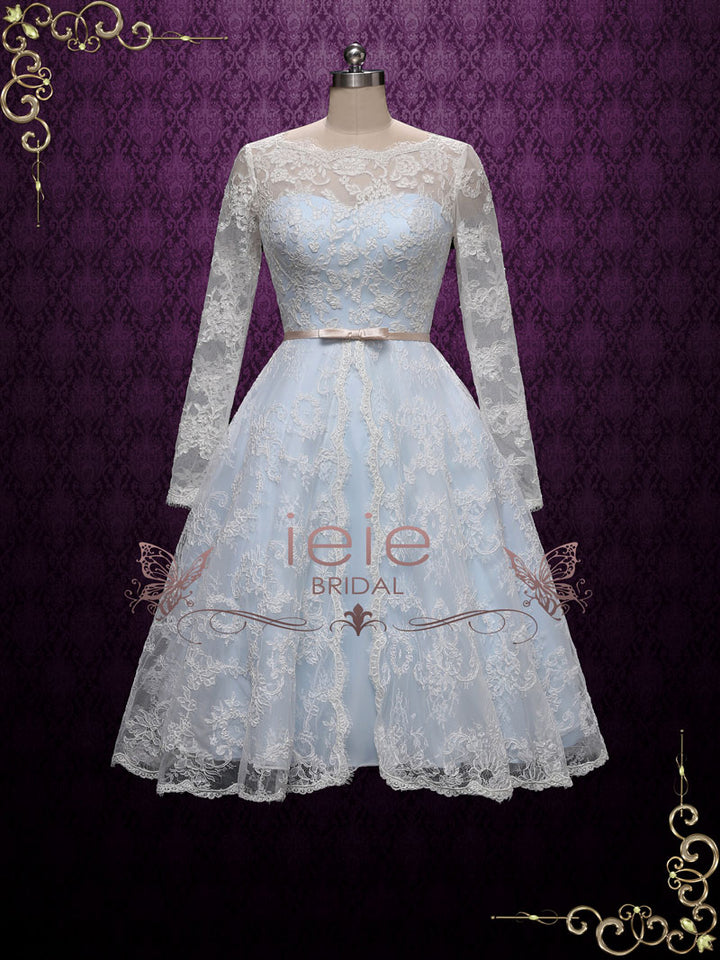 Vintage Inspired Blue Tea Length Lace Wedding Dress with Sleeves MAYA