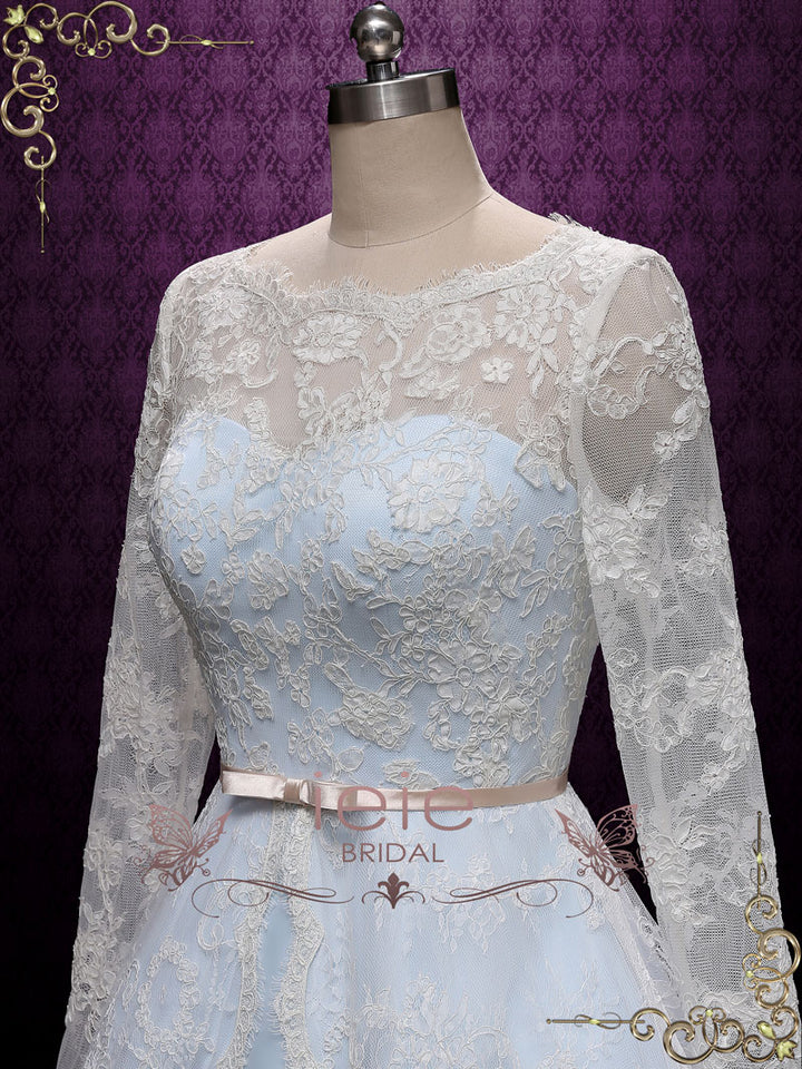 Vintage Inspired Blue Tea Length Lace Wedding Dress with Sleeves MAYA