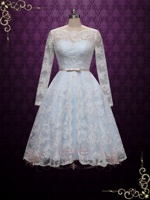 Vintage Inspired Blue Tea Length Lace Wedding Dress with Sleeves MAYA