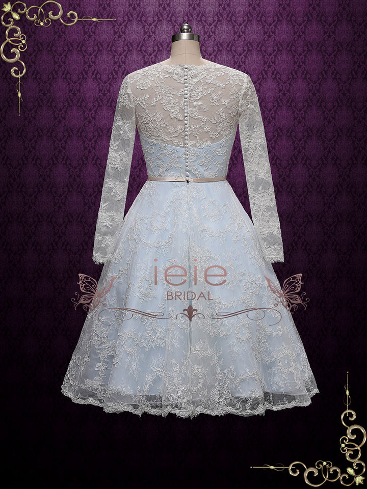Vintage Inspired Blue Tea Length Lace Wedding Dress with Sleeves MAYA
