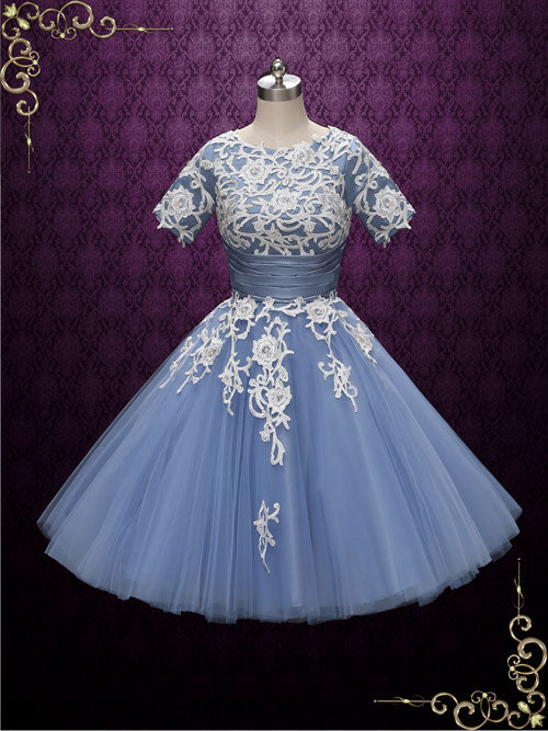 Vintage Blue Short Sleeves Wedding Dress | Cassie
