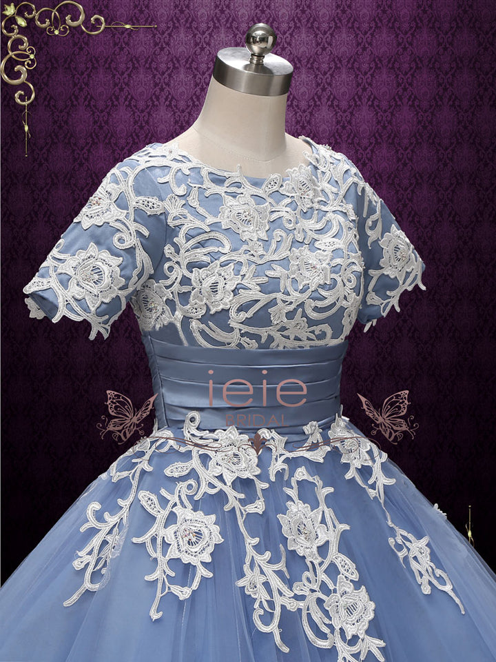 Vintage Blue Short Sleeves Wedding Dress | Cassie