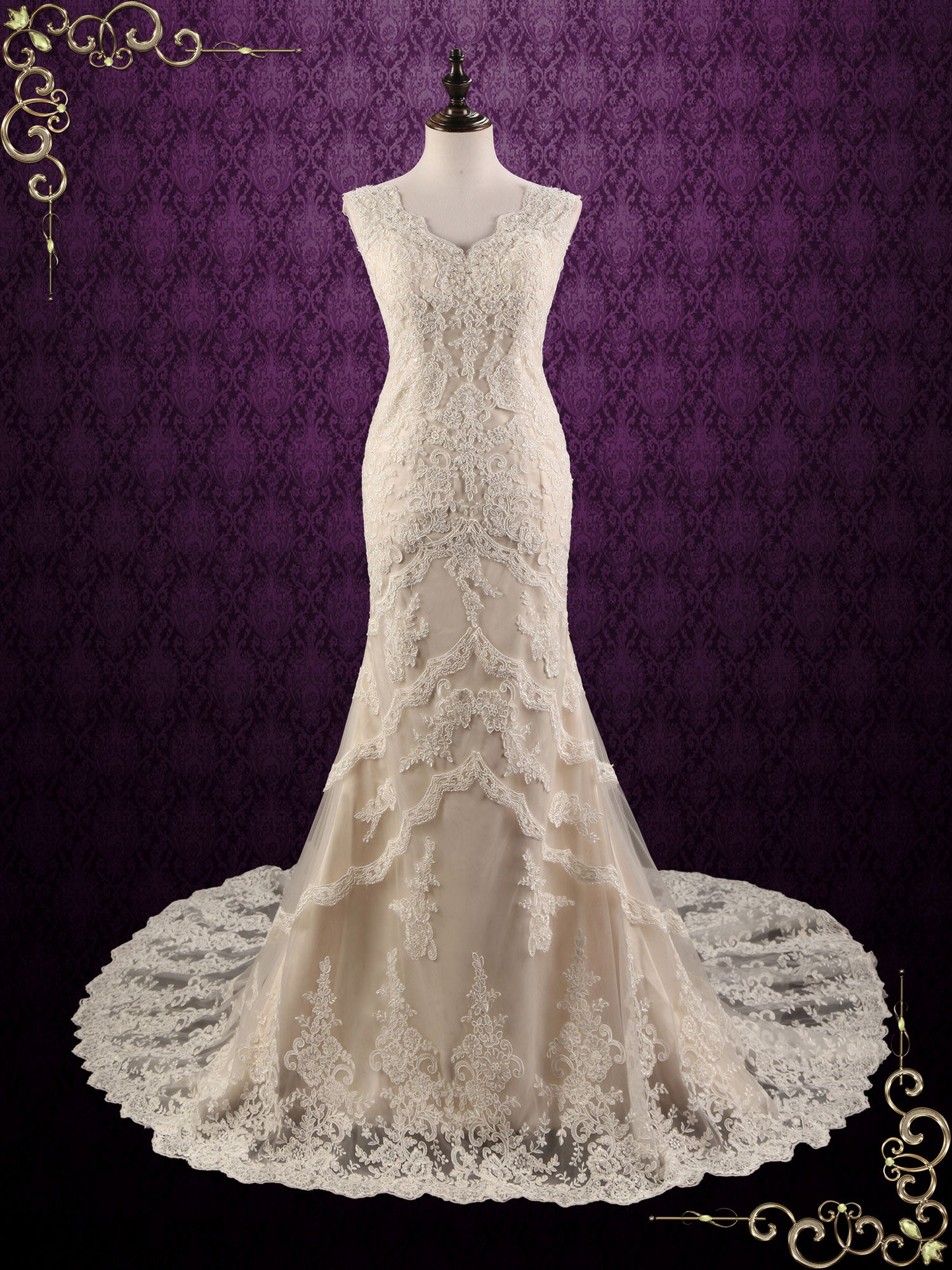 Vintage Style Champagne Lace Wedding Dress JANICE Size 22W / Ivory