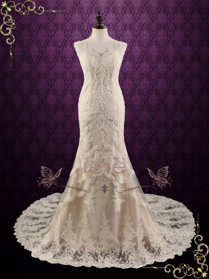 Vintage Style Champagne Lace Wedding Dress JANICE Size 20W / Customize Vintage Style Champagne Lace Wedding Dress JANICE Size 20W / Customize