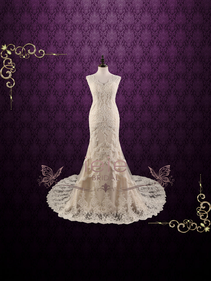 Vintage Style Champagne Lace Wedding Dress JANICE