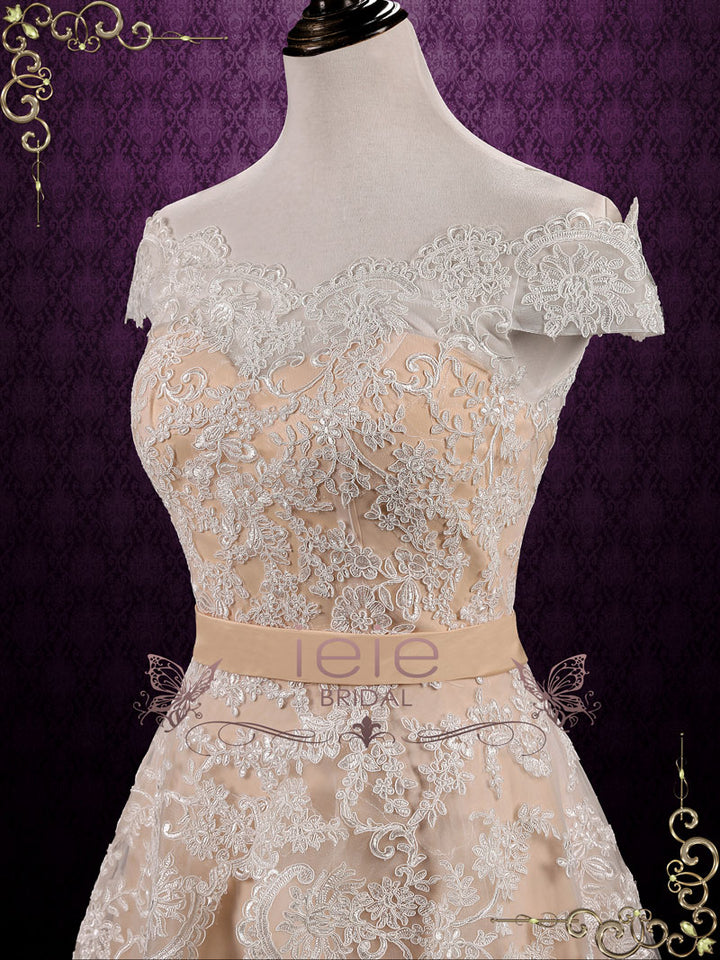 Champagne Vintage Lace Wedding Dress with Tiered Skirt MADELYN