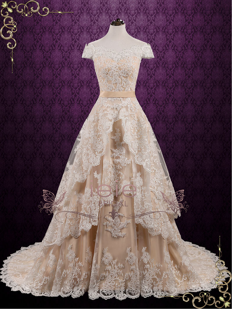 Champagne Vintage Lace Wedding Dress with Tiered Skirt MADELYN Size 10 / White