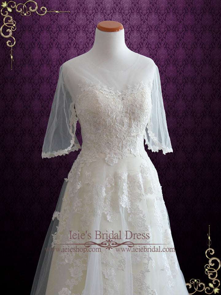Vintage Lace Tulle Wedding Dress with Half Sleeves | Sophia