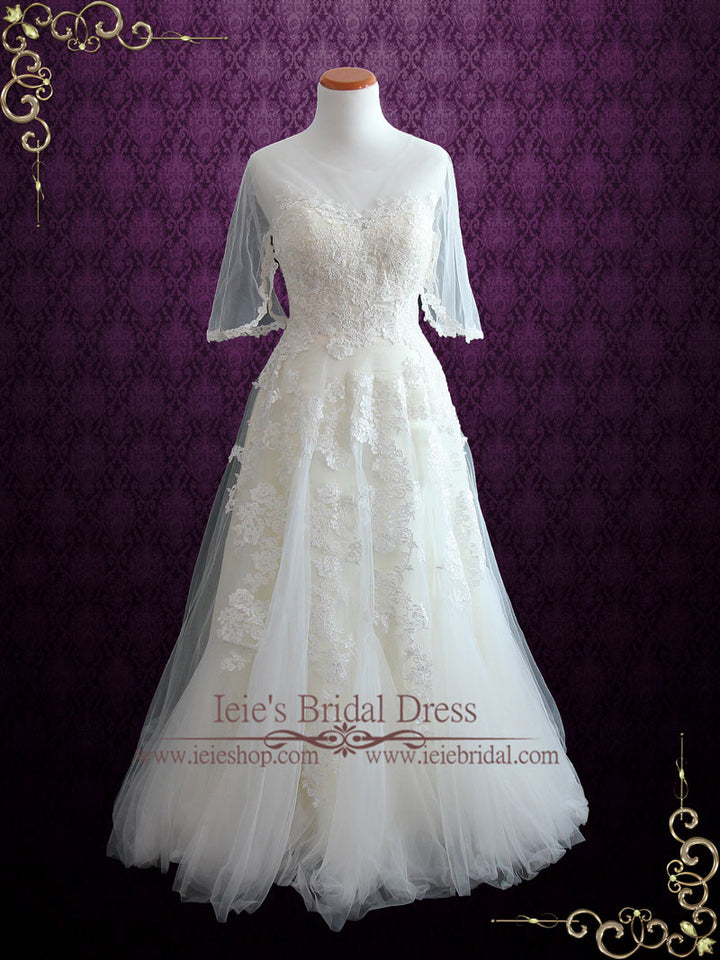 Vintage Lace Tulle Wedding Dress with Half Sleeves | Sophia
