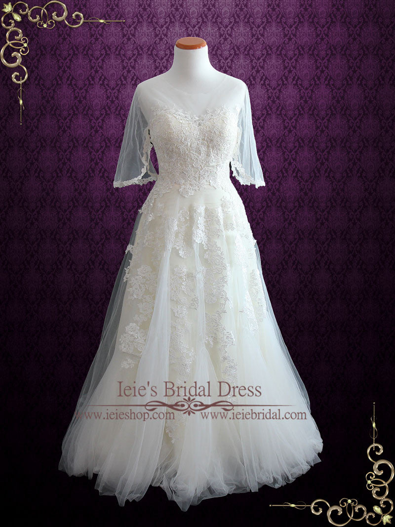 Vintage Lace Tulle Wedding Dress with Half Sleeves | SOPHIA