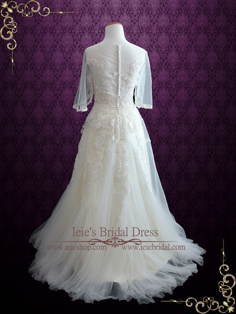 Vintage Lace Tulle Wedding Dress with Half Sleeves | SOPHIA