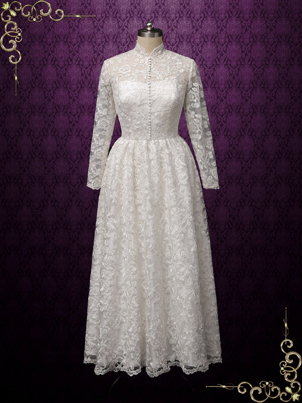 Vintage Style Ankle Length Lace Wedding Dress with Sleeves | CURTISS