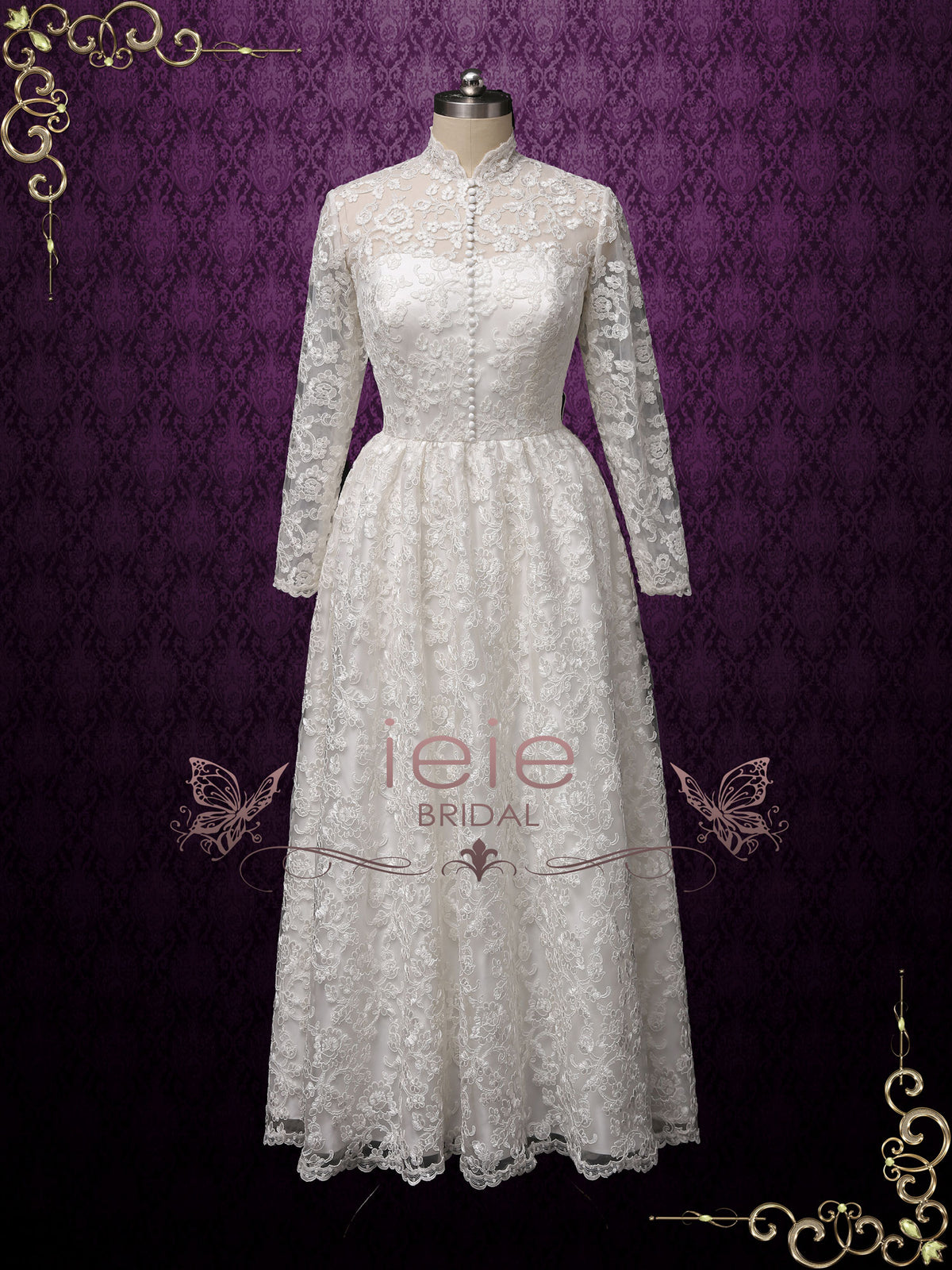 Vintage Style Ankle Length Lace Wedding Dress with Sleeves | CURTISS