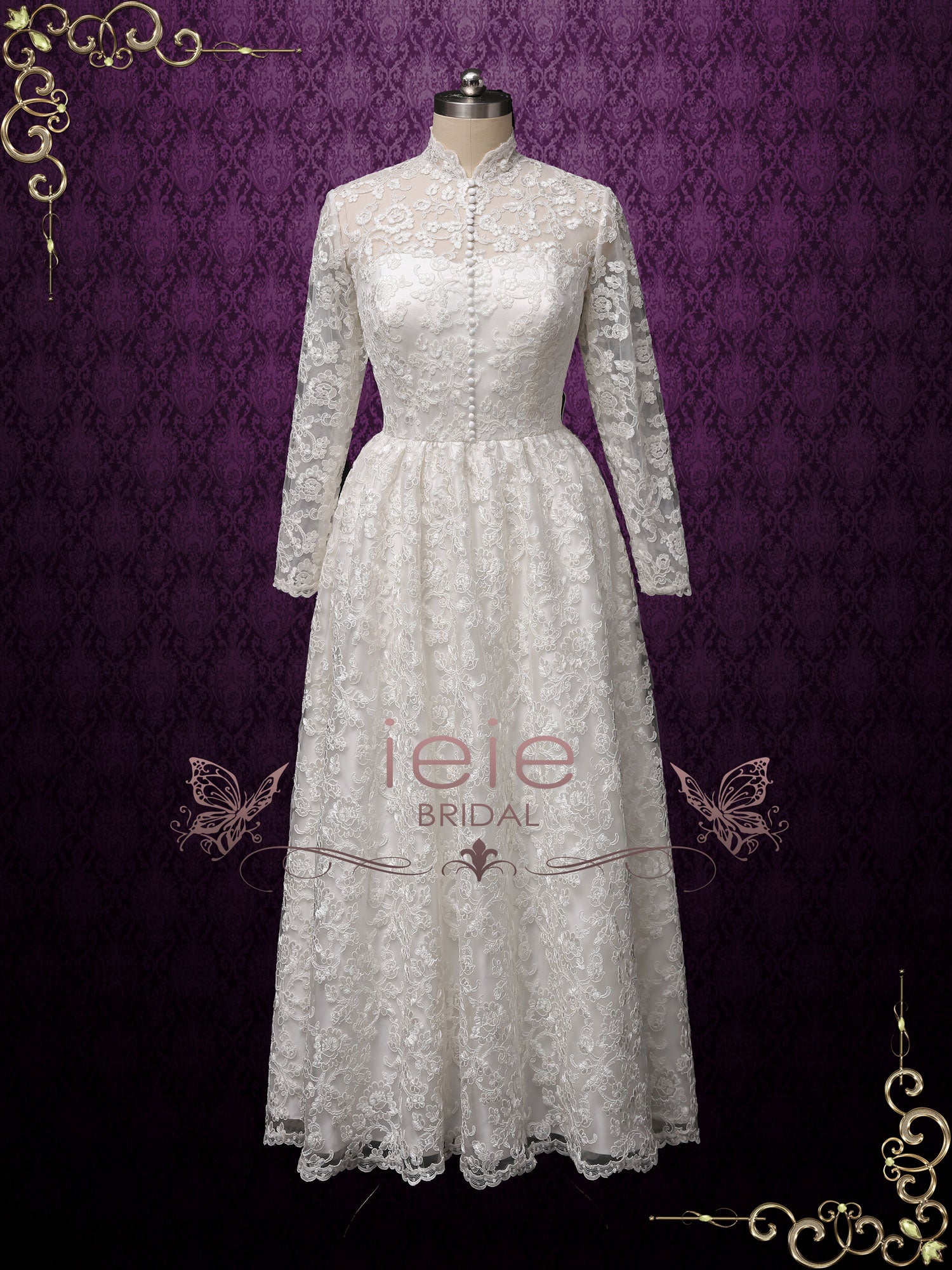 Vintage Style Ankle Length Lace Wedding Dress with Sleeves | CURTISS
