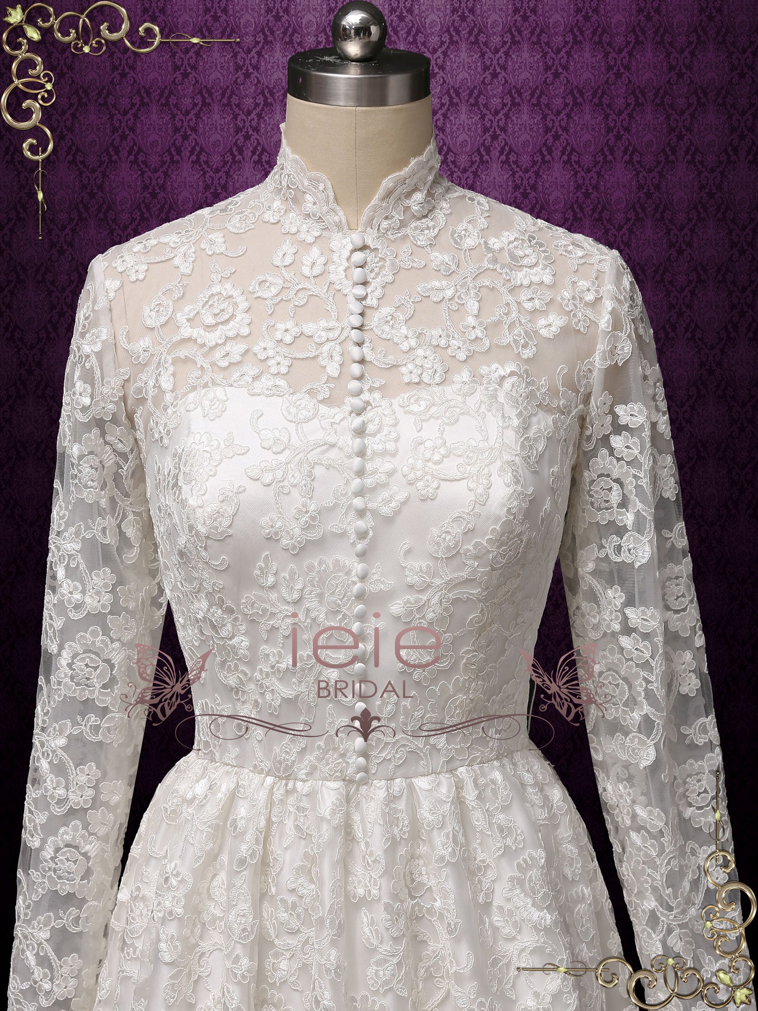 Vintage Style Ankle Length Lace Wedding Dress with Sleeves | CURTISS