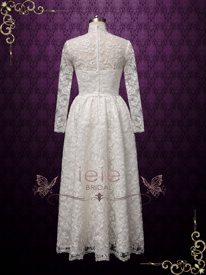Vintage Style Ankle Length Lace Wedding Dress with Sleeves | CURTISS