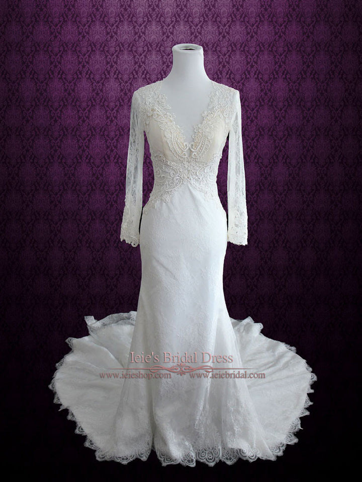 Vintage Style Keyhole Lace Wedding Dress with Plunging Neckline and Long Sleeves | Amber