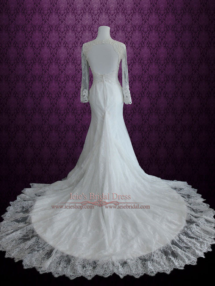Vintage Style Keyhole Lace Wedding Dress with Plunging Neckline and Long Sleeves | Amber