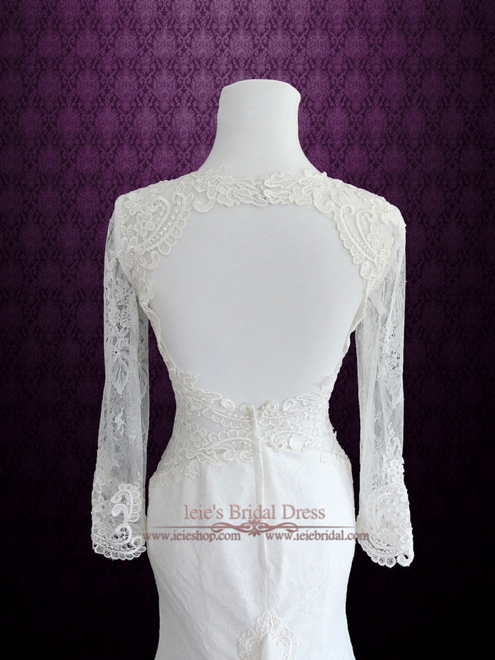 Vintage Style Keyhole Lace Wedding Dress with Plunging Neckline and Long Sleeves | Amber