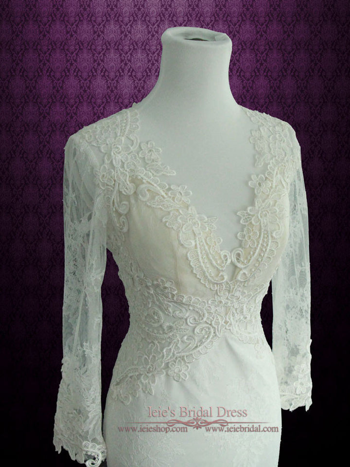 Vintage Style Keyhole Lace Wedding Dress with Plunging Neckline and Long Sleeves | Amber