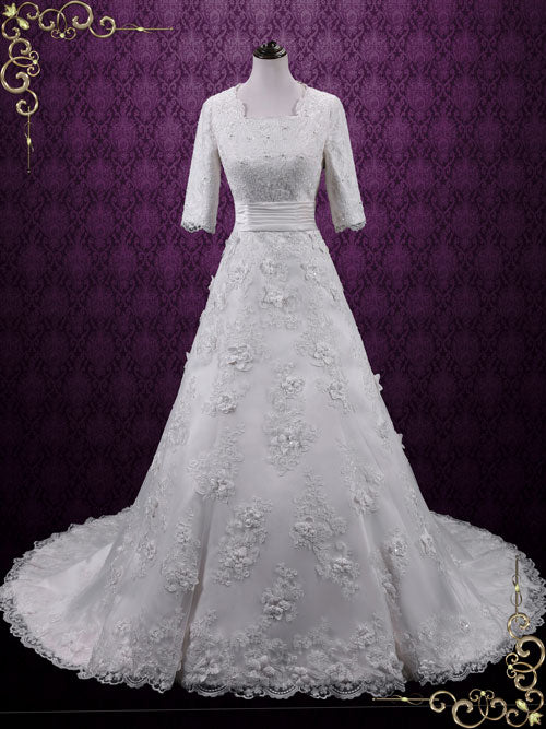 Vintage Modest Lace A-line Wedding Dress with Sleeves AGNES