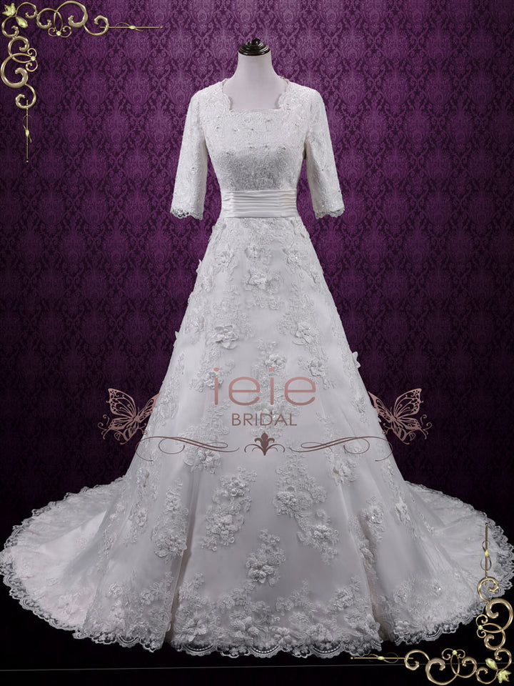 Vintage Modest Lace A-line Wedding Dress with Sleeves AGNES