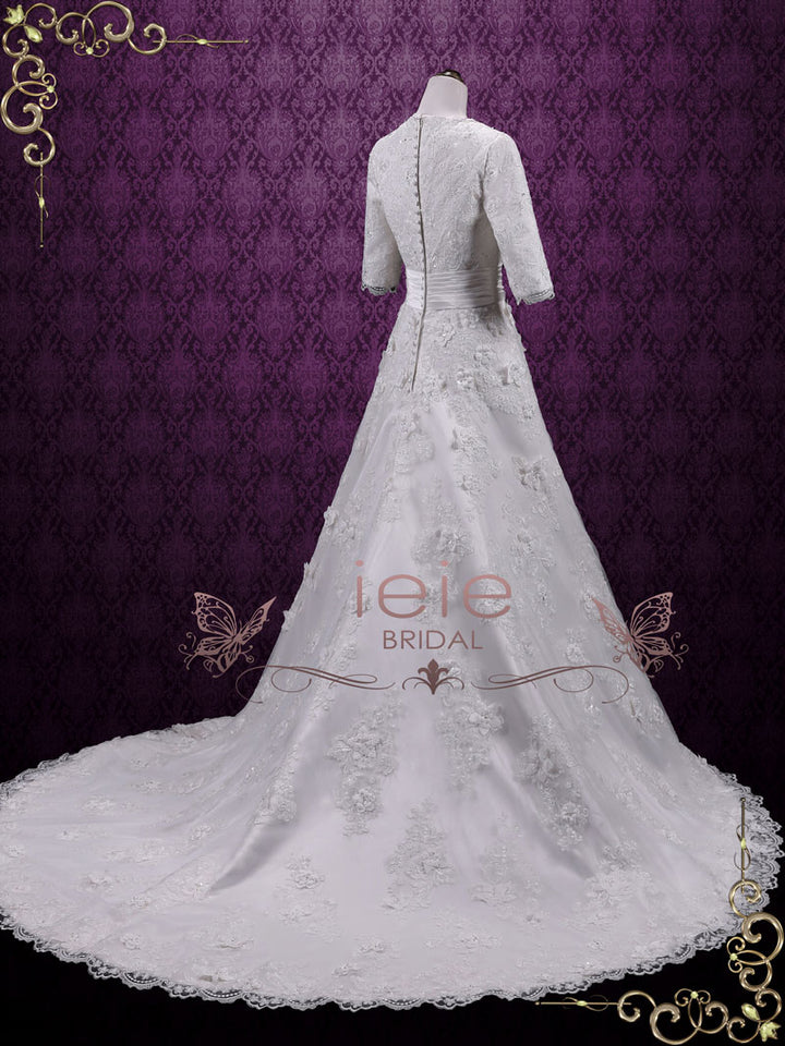 Vintage Modest Lace A-line Wedding Dress with Sleeves AGNES