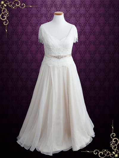 Vintage Lace Chiffon Wedding Dress with Jeweled Sash and Fringe Cap Sleeves | Lilly