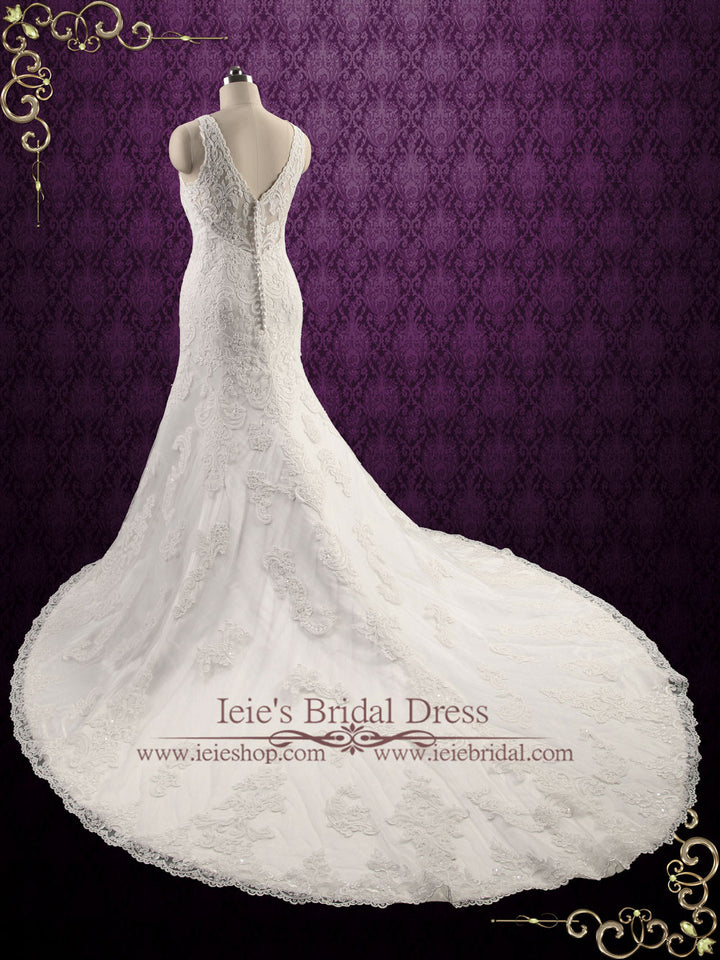Exquisite Lace Fit and Flare Wedding Dress with Illusion Neckline Jamie Size 14 / Ivory Exquisite Lace Fit and Flare Wedding Dress with Illusion Neckline Jamie Size 14 / Ivory