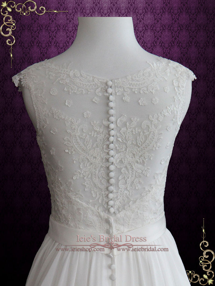 Beach Vintage Style Lace Chiffon Wedding Dress with Illusion Lace Back | BRIANNA
