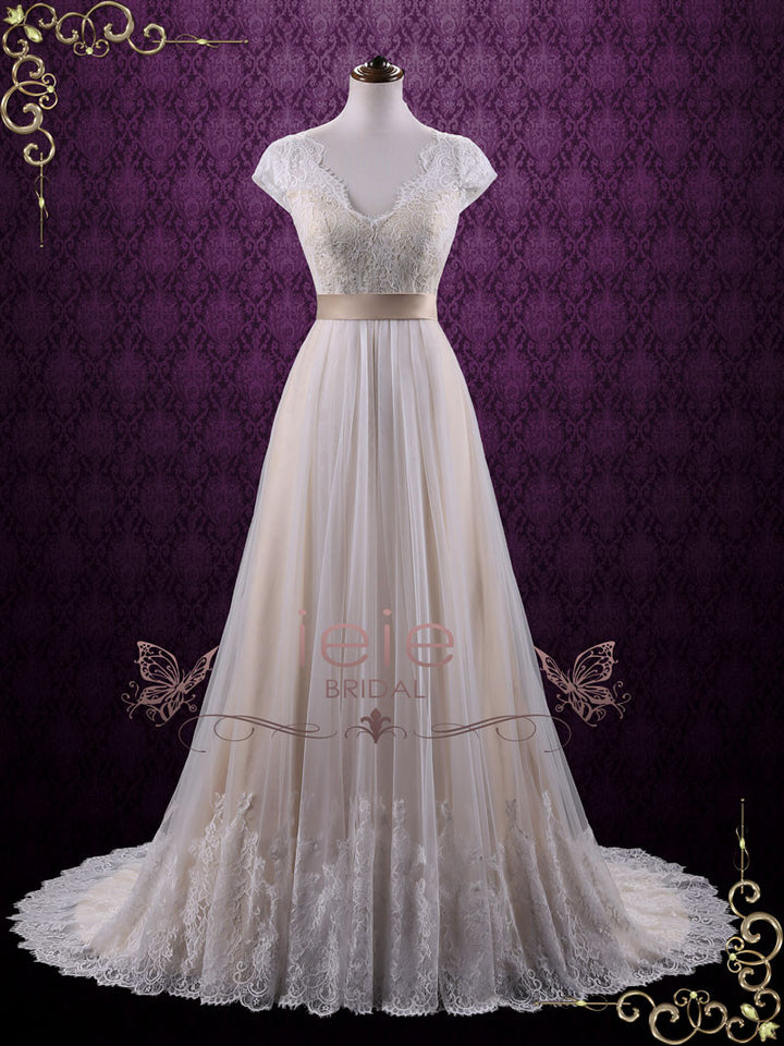 Vintage Lace Wedding Dress with Cap Sleeves LINDEN Size 2 / Champagne Vintage Lace Wedding Dress with Cap Sleeves LINDEN Size 2 / Champagne