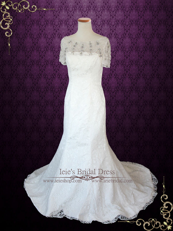 Vintage Style Jeweled Bateau Neckline Mermaid Lace Wedding Dress with Keyhole Back | Evan