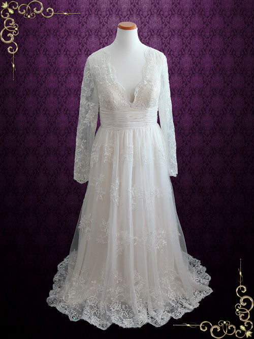 Vintage Lace Beach Wedding Dress With Sleeves | Ann