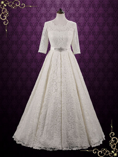 Vintage Modest Lace Wedding Dress with Sleeves | Camilla