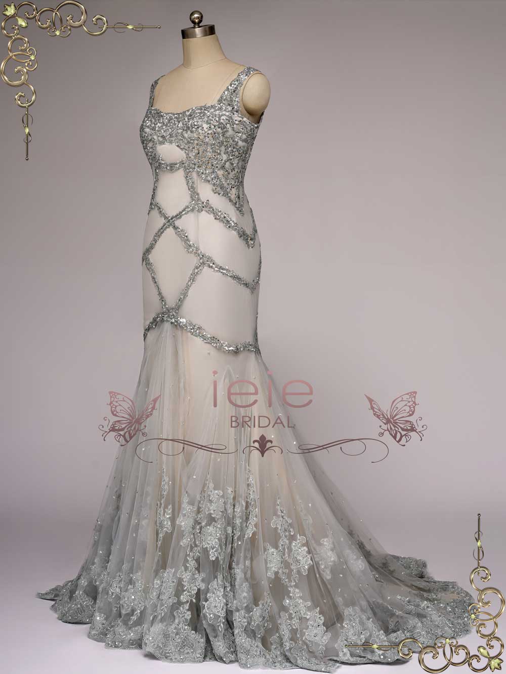 Retro Hollywood Silver Fit and Flare Wedding Dress YULIA