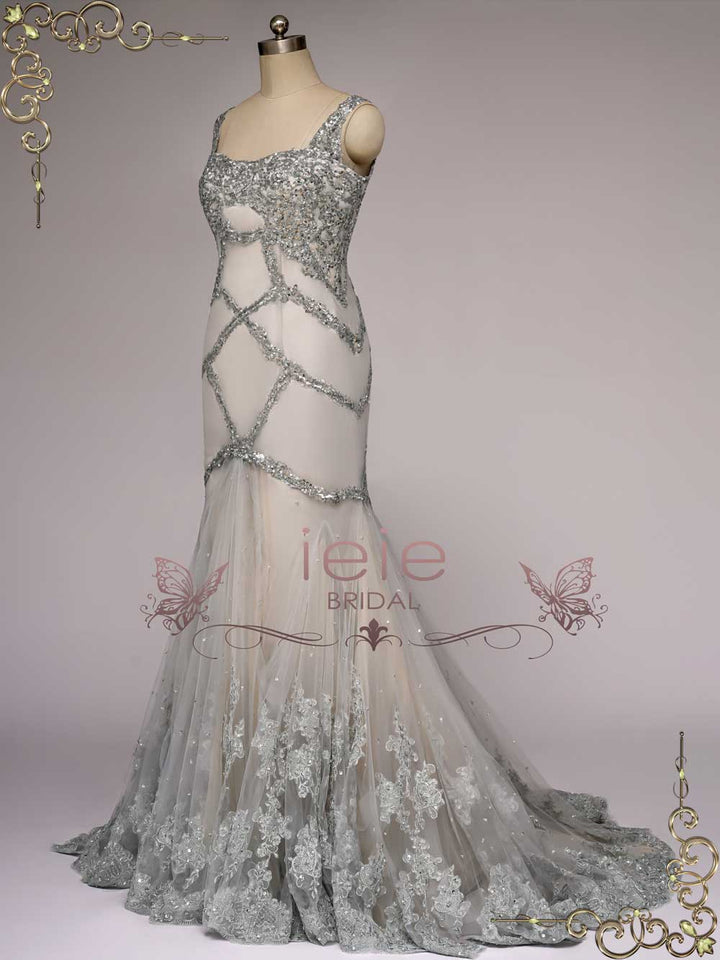 Retro Hollywood Silver Fit and Flare Wedding Dress YULIA