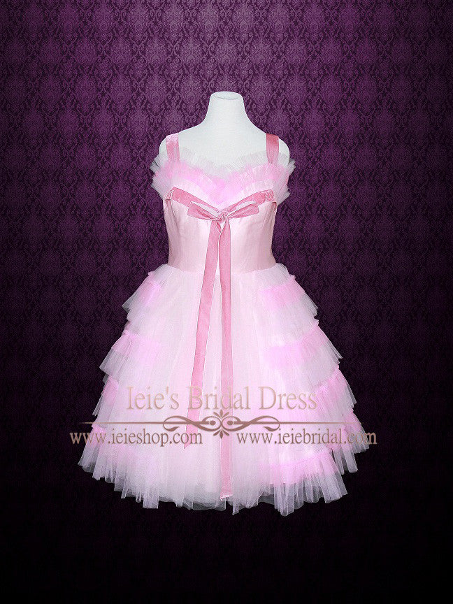 Vintage Inspired Pink Tulle Tea Length Prom Dress Formal Dress EMMY