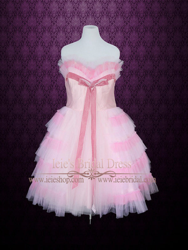 Vintage Inspired Pink Tulle Tea Length Prom Dress Formal Dress EMMY